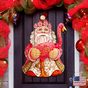 Santa with Flamingo Door Hanger, Santa in Paradise Christmas Decor, Wooden Home Garden Outdoor Indoor Wall Yard and Front Door Sign 8117835H