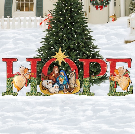 Rustic Nativity Hope Wooden Free Standing Christmas Outdoor Etsy
