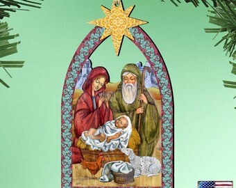 Nativity Star Holy Family Ornament - Holiday Tree Decoration - Handcrafted Wooden Christmas Decor - 8121301