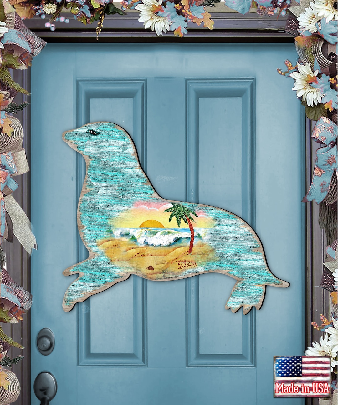 Seal Beach Sunrise Door Hanger Coastal Wooden Wall Hanging Ocean Decor ...