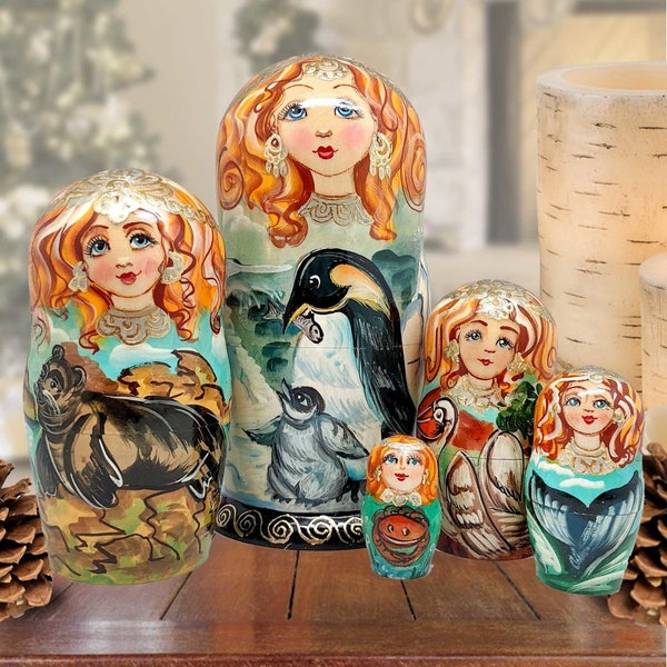 Penguin Family Matryoshka Nesting Hand-Painted Wooden Doll Set of 5 - Coastal Holiday Decor - 140811 by GDebrekht