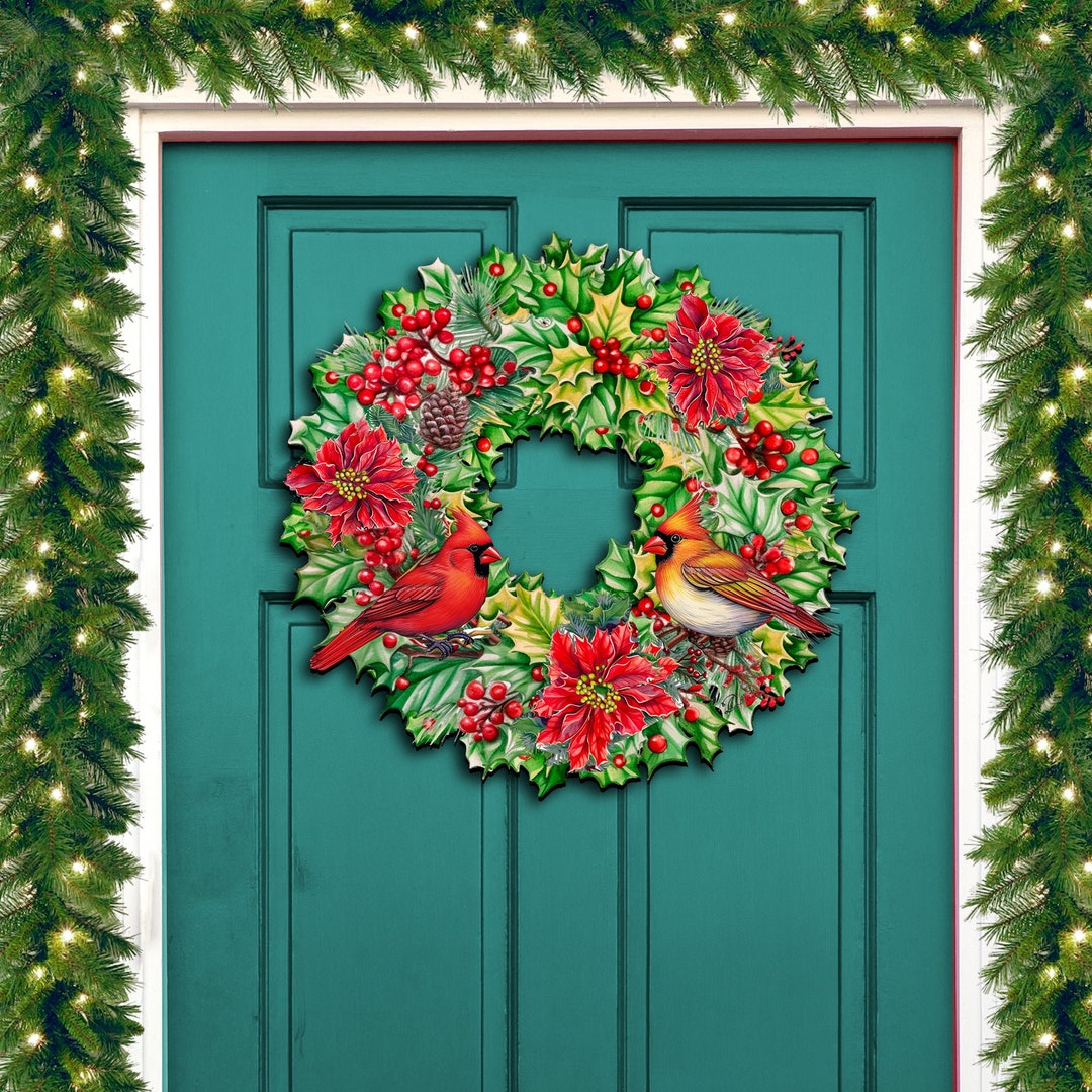 Holiday Cardinal Garland Wreath Holiday Door Decor by G. Debrekht