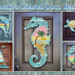 May include: A set of five wooden door hangers with a coastal theme. The hangers are painted in shades of blue, green, and yellow and feature images of dolphins, a seahorse, a turtle, a pelican, and a sailboat. Each hanger has a sunset scene with a palm tree and ocean waves.