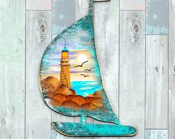 Sail Boat Yacht Ocean Wall Art | Wooden Beach Decorations | Coastal Front Door Hanger | Nautical Wall decor | Ocean Cottage Painting 8198524