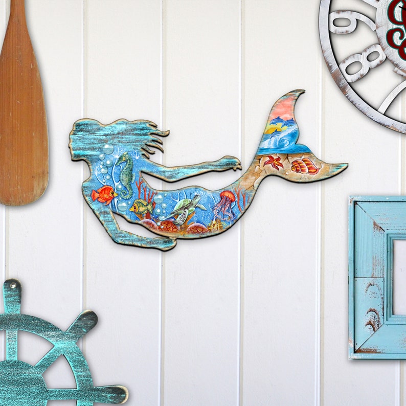 Coastal Wood Wall Art - Mermaid Rustic Beach Home Decor - Lake House ...