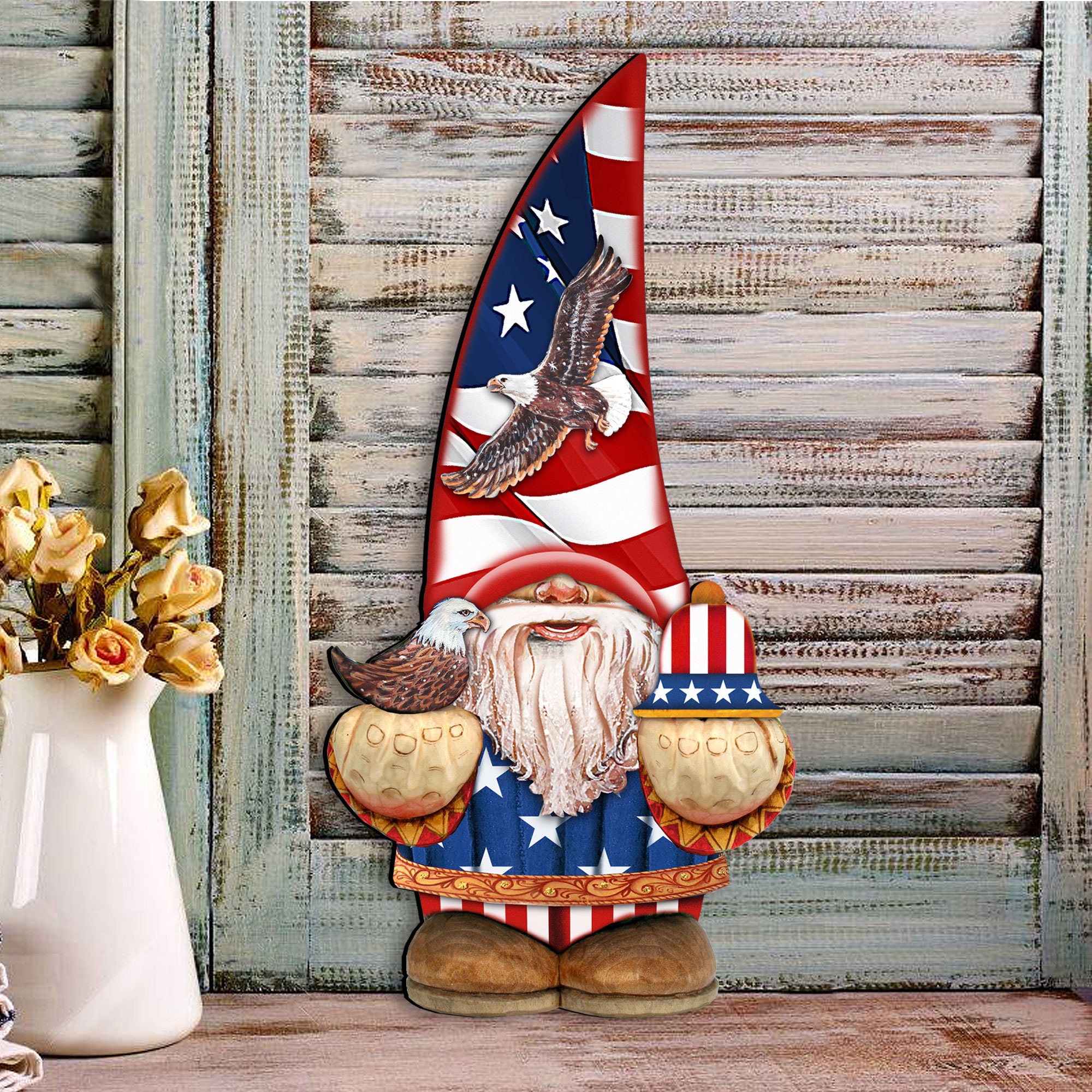 Patriotic 4th of July Gnome Red White Blue with Flag for Indoor or Outdoor