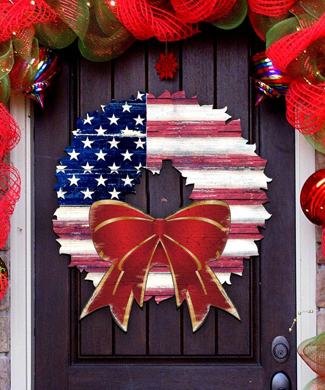American Flag Wreath – Rustic Wooden Patriotic Door Hanger, 4th of July ...