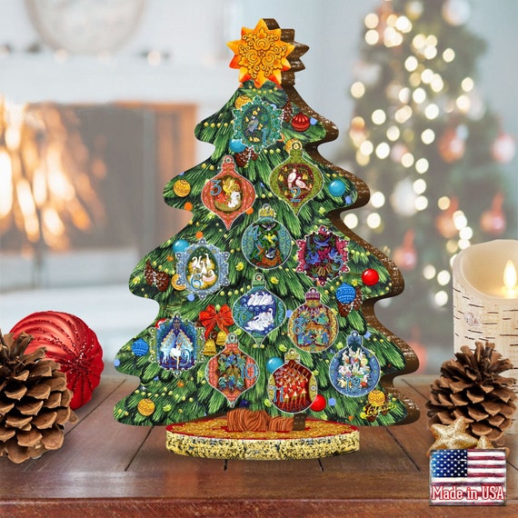 12 Days of Christmas Wooden Decorated Tabletop Tree Collectible Holiday  Decor Unique Art by G.debrekht 89303 