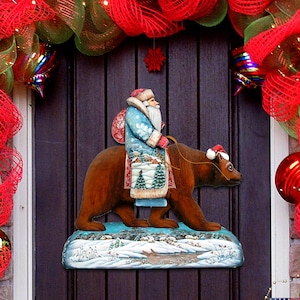 Santa On a Bear Door Hanger Christmas Decorations - Wooden Home Garden Outdoor Indoor Wall Yard Front Door Sign - Wall Hanger 8151128H