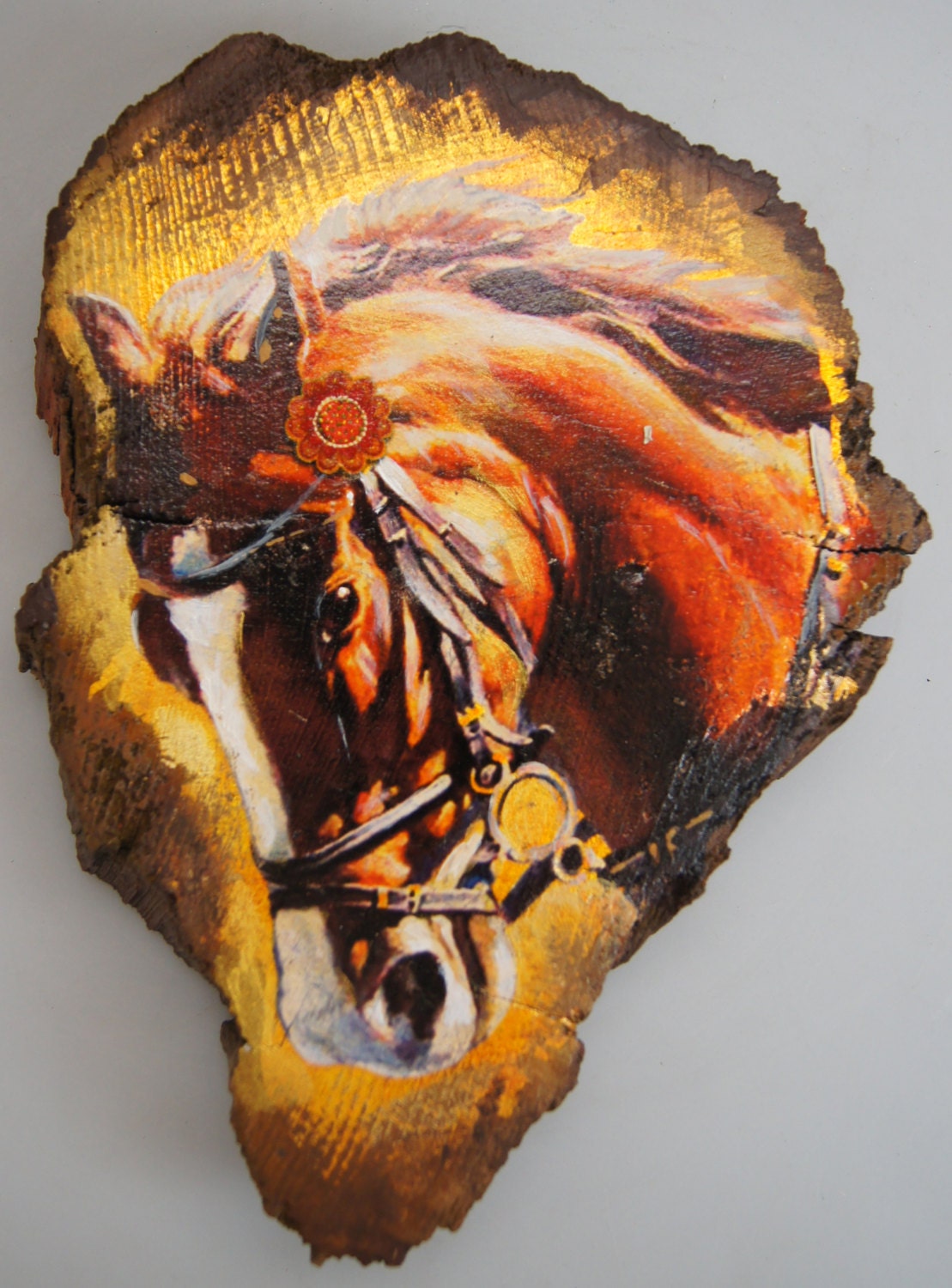 Horse Face Wooded Art Painting on Vintage Gold or Etsy