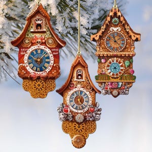 Handcrafted Wooden Cuckoo Clock Ornaments – Vintage Christmas Décor (Set of 3) -8091020-S3