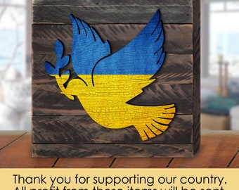 Peace Dove Ukrainian Flag Tabletop Wall Decor - American Flag Butterfly Wooden Block - Veteran Home Decor 8187126B - Distressed