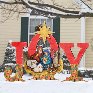 JOY Set of 3 Outdoor Nativity - Wooden Free-Standing Christmas Decoration for Yard Lawn or Porch - Handcrafted in the USA - 8121454F-S3M