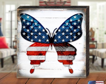 Patriotic gifts | USA Wall Decor | Americana Wall Art | American Flag Butterfly Block | veteran home decoration | wooden distressed 8187127B