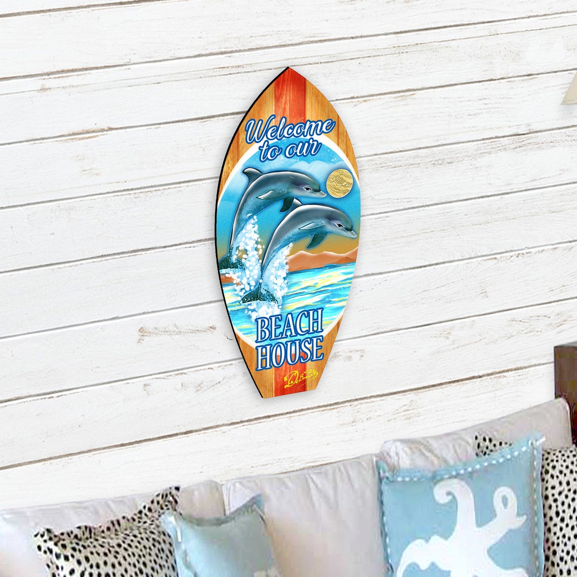 Scenic Surfboard Sunset Waves Door Hanger Coastal Wooden Wall Decor for ...