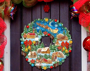 Santa Up Up and Away Christmas Wreath - Outdoor Indoor Christmas Decor - Wooden Decorative Christmas Door Hanger - Wall decor 8185315H