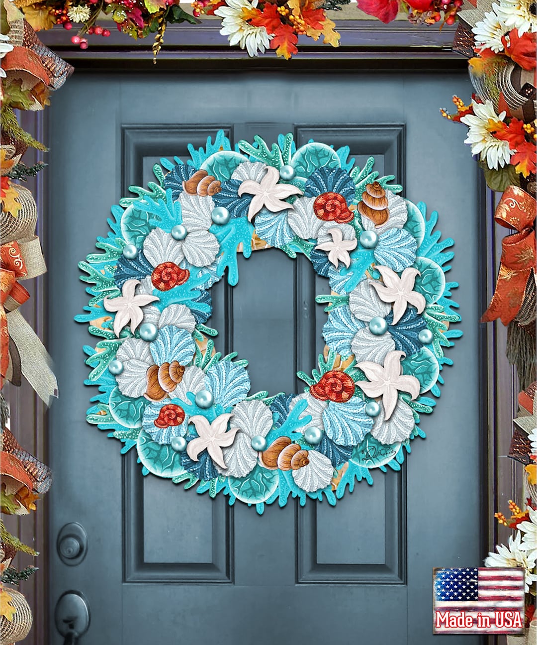 Seashell Wreath Door Hanger - Coastal and Beach Decor - Coastal Wooden ...