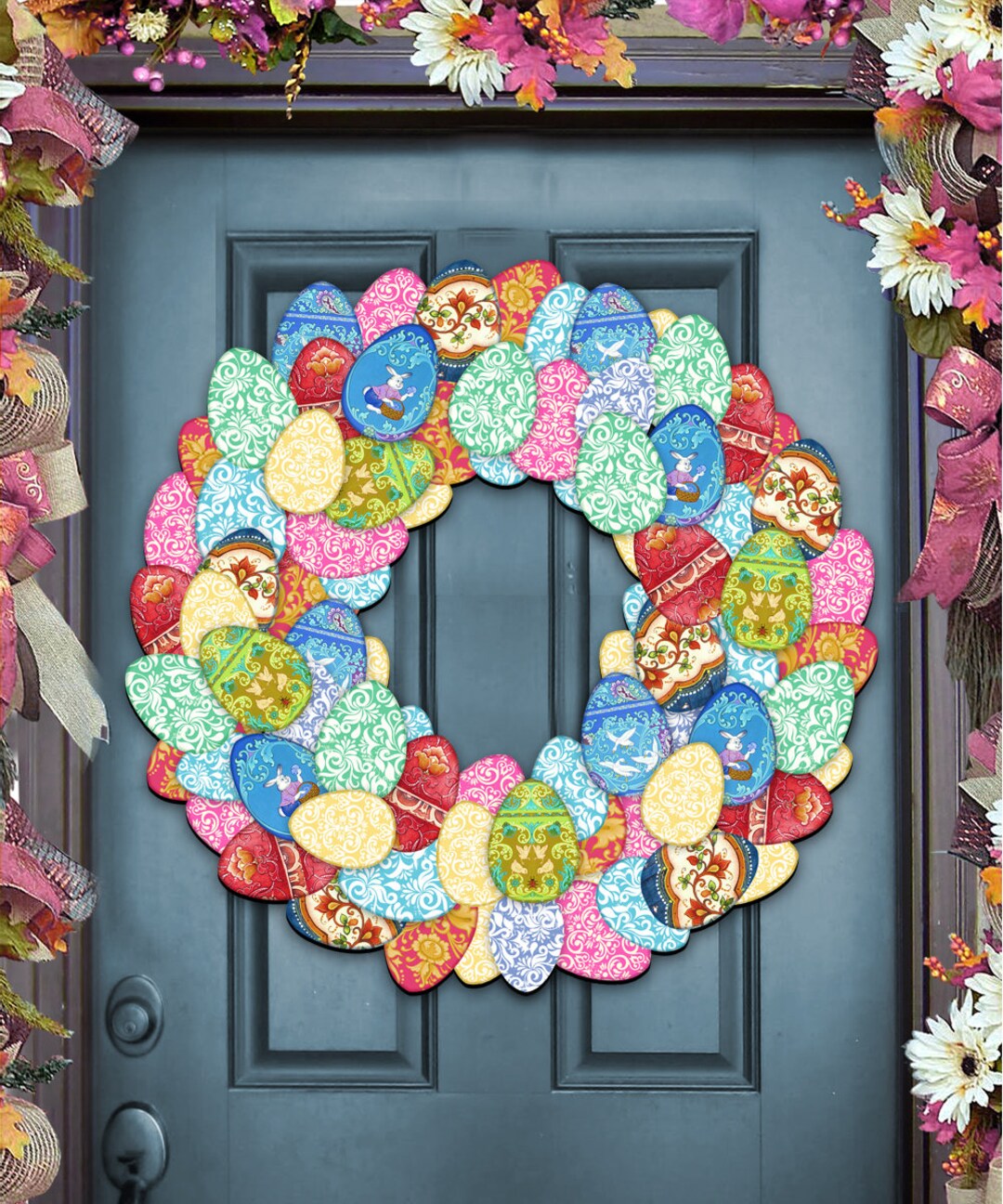 Easter Eggs Wreath Front Door Wreath Wooden Decorative Door Hanger Wall ...