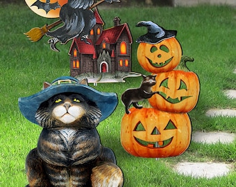 Halloween Lawn - Halloween Decor - Halloween Porch Decor - Walk Way Set With Metal Stakes - Wooden Yard Art Set of 3 8120112MS3
