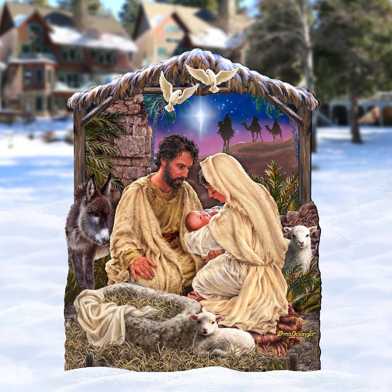 A nativity scene depicting the birth of Jesus Christ, with the mother, father, and baby Jesus in a manger surrounded by animals and a snowy landscape.