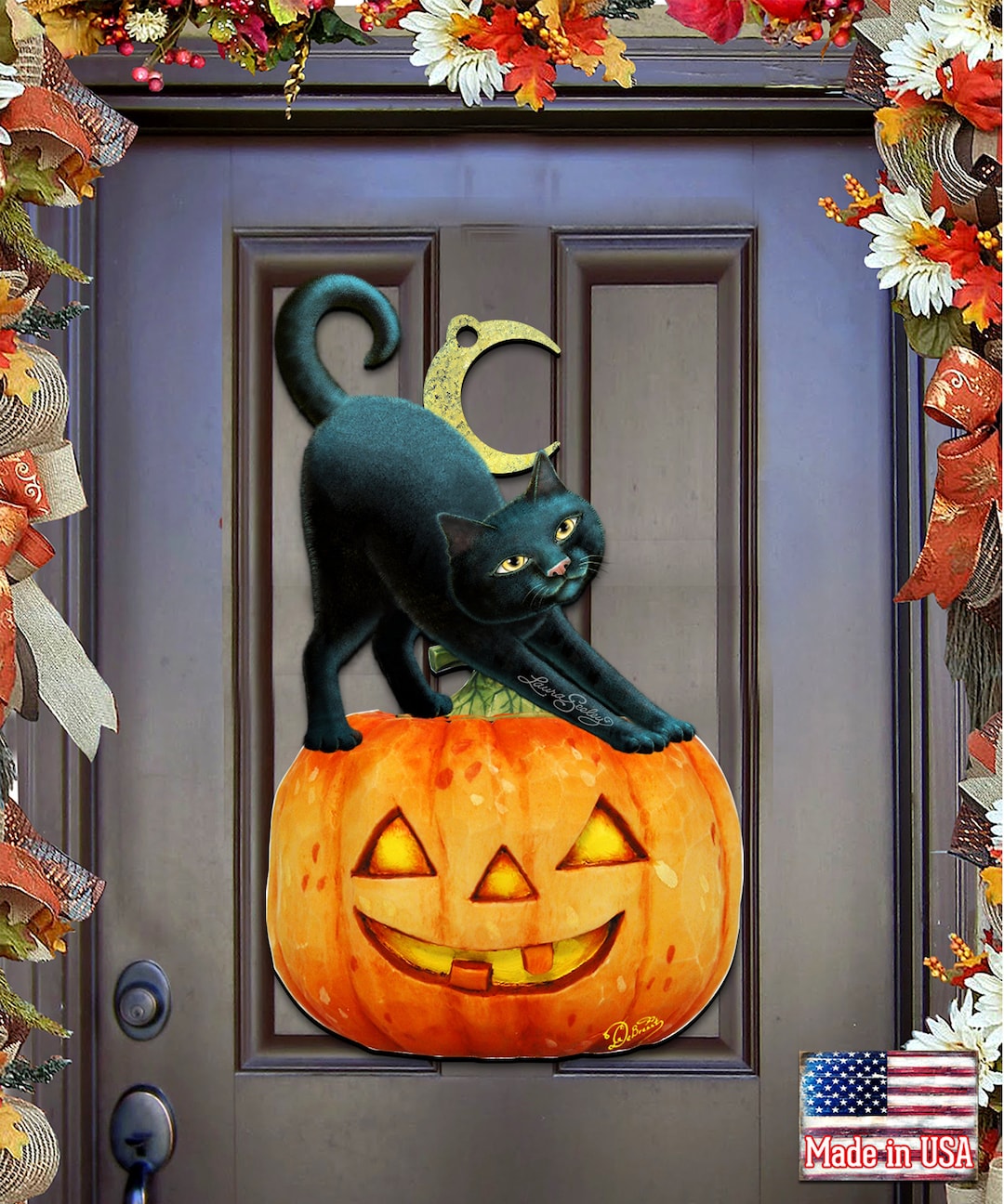 Decoración de puerta de porche de Halloween: colgante de puerta con forma  de calabaza y gato negro: decoración navideña aterradora: decoración de