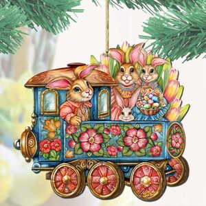 Bunny Train Ornament - Easter Spring Décor Handcrafted Christmas Tree Decoration - Wooden Holiday Decor - 8652781 by GDebrekht