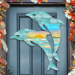 Ocean Decor - Outdoor and Coastal Beach Dolphins Sunrise Scenic Waves and Rustic Wooden Door Hanger - 8198519H
