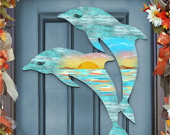 Dolphin Sunrise Wooden Door Hanger - Coastal Beach Decor - 8198519H