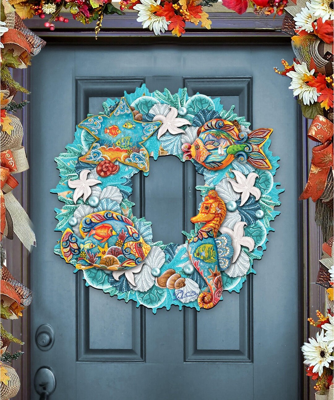 Sea Creatures Coastal Door Hanger - Nautical Wooden Wall Hanging ...