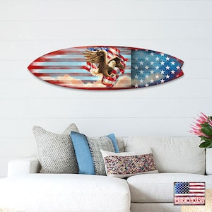 USA Flag Wall Decor - Surfboard Patriotic American Flag - American Eagle Wooden Door Hanger - Housewarming Gift by G. Debrekht - 8490108HS
