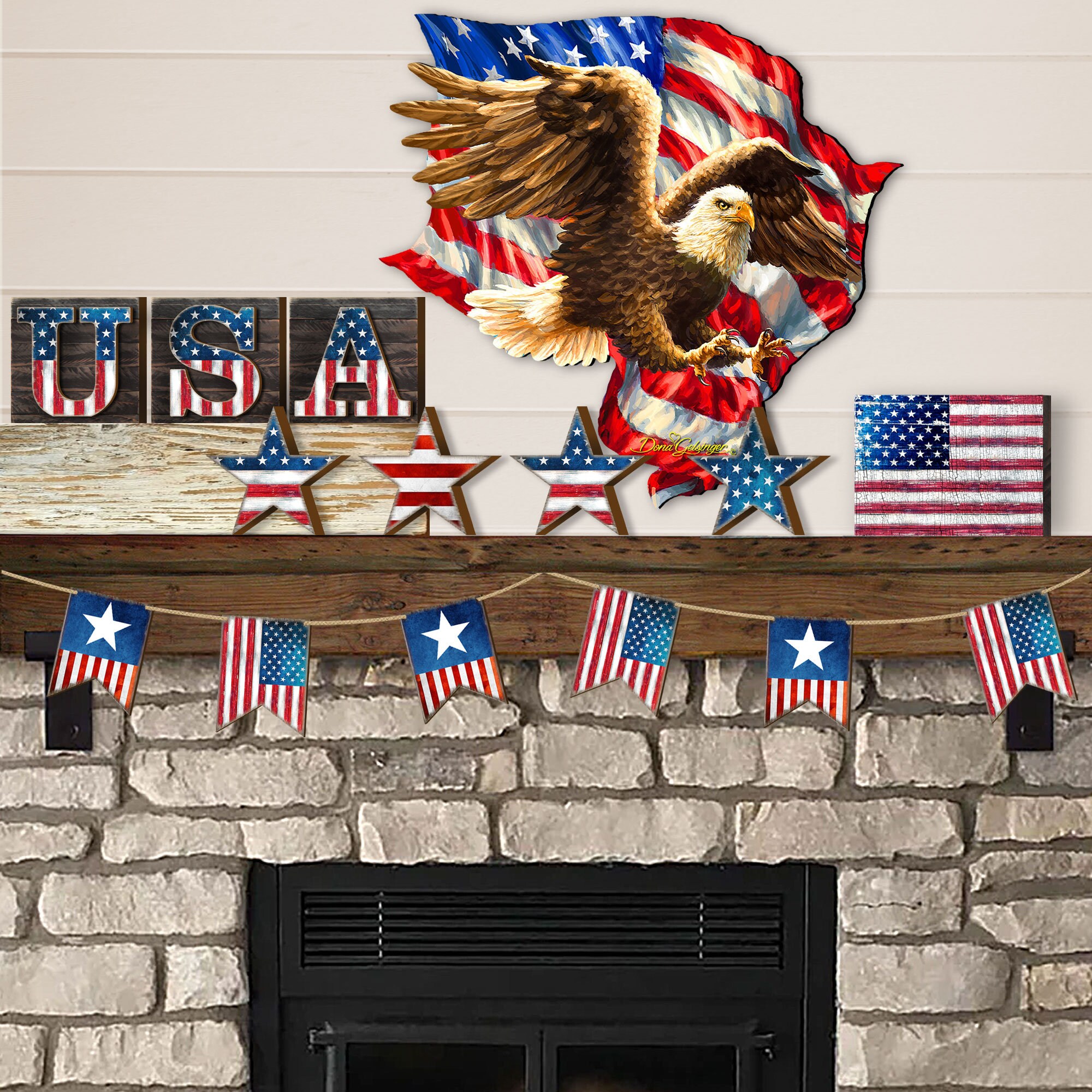 American Patriotic Flag Décor - 4th of July Décor - American Handcrafted Wooden Composition Set of 15 - Art by Dona Gelsinger 852760-S15
