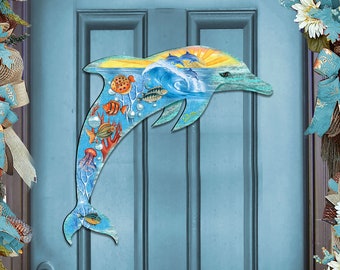 Coastal Door Sign | Beach Dolphin Sea Life Art | Naitical Gift |  Rustic Wooden Door Hanger | Ocean Cottage Wall Decor 81985192H