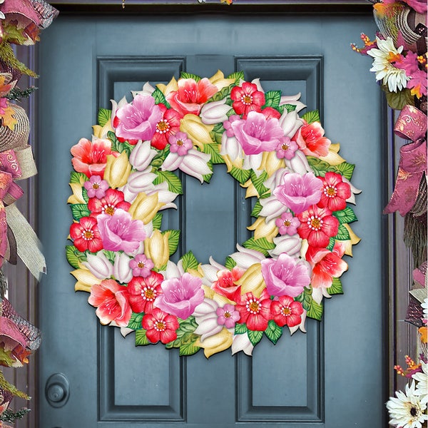Spring Bright Floral Wreath Door Hanger Easter Wooden Wall Decor Home Garden Outdoor Front Door Welcome Sign - 8185303-2H by GDebrekht
