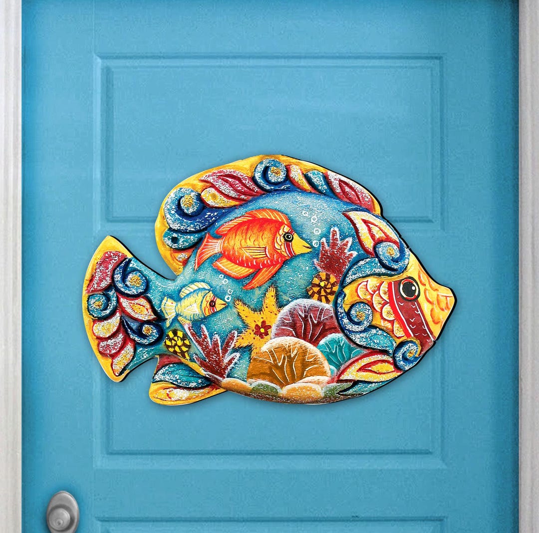 Coastal Fish Art Door Hanger - Wooden Beach Decor, Housewarming Gift ...