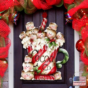 Holiday Wood Decoration - Christmas Design - Marshmallow Cocoa Company Art By Jamie Mills-Price - Wooden Door Hanger  - Wall décor 8457513H