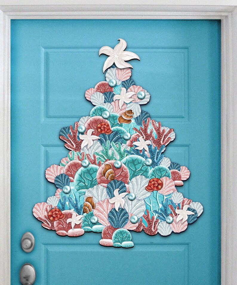 May include: A Christmas tree-shaped decoration made of various shades of blue, pink, and red. The decoration is made of seashells, coral, and starfish. It is a unique and festive way to decorate for the holidays.