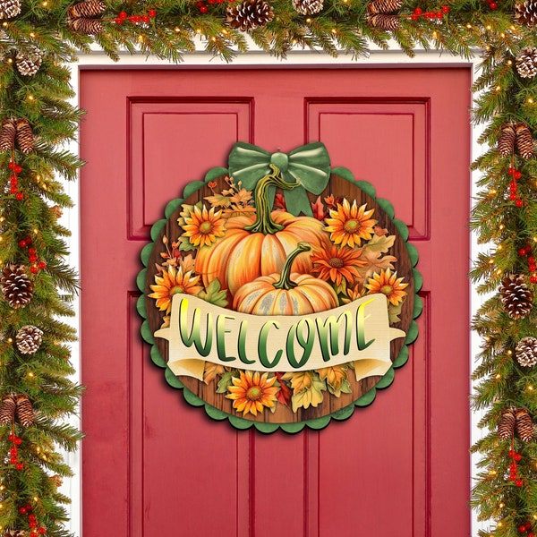 Welcome Front Door Welcome Sign, Wooden Front Porch Decor by G. Debrekht | Thanksgiving Halloween Decor - 933123H