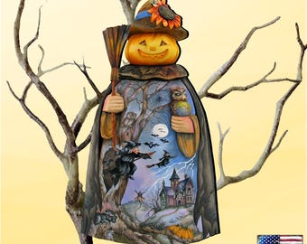 Ornement tête de citrouille épouvantail d'Halloween - Décoration d'arbre de Noël fabriquée à la main - Décoration de vacances en bois - 8114180 par GDebrekht