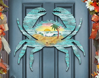 Outdoor Wood Decor - Crab Coastal Waves Scenic Sunset Rustic  Decorative Door Hanger - Beach House Wall Art - Housewarming Gift - 8198511H