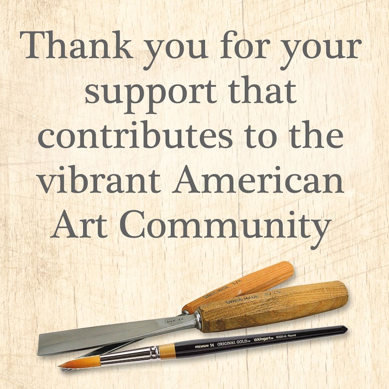 May include: Thank you for your support that contributes to the vibrant American Art Community. The image shows three wood carving tools and a paintbrush on a wooden surface.