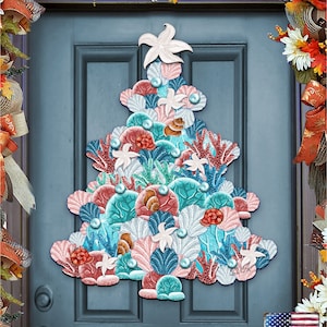 Coastal Christmas Tree Door Hanger Wooden Wall Hanging Beach Decor Home Garden Outdoor Indoor Yard Front Door Welcome Sign 8193149H