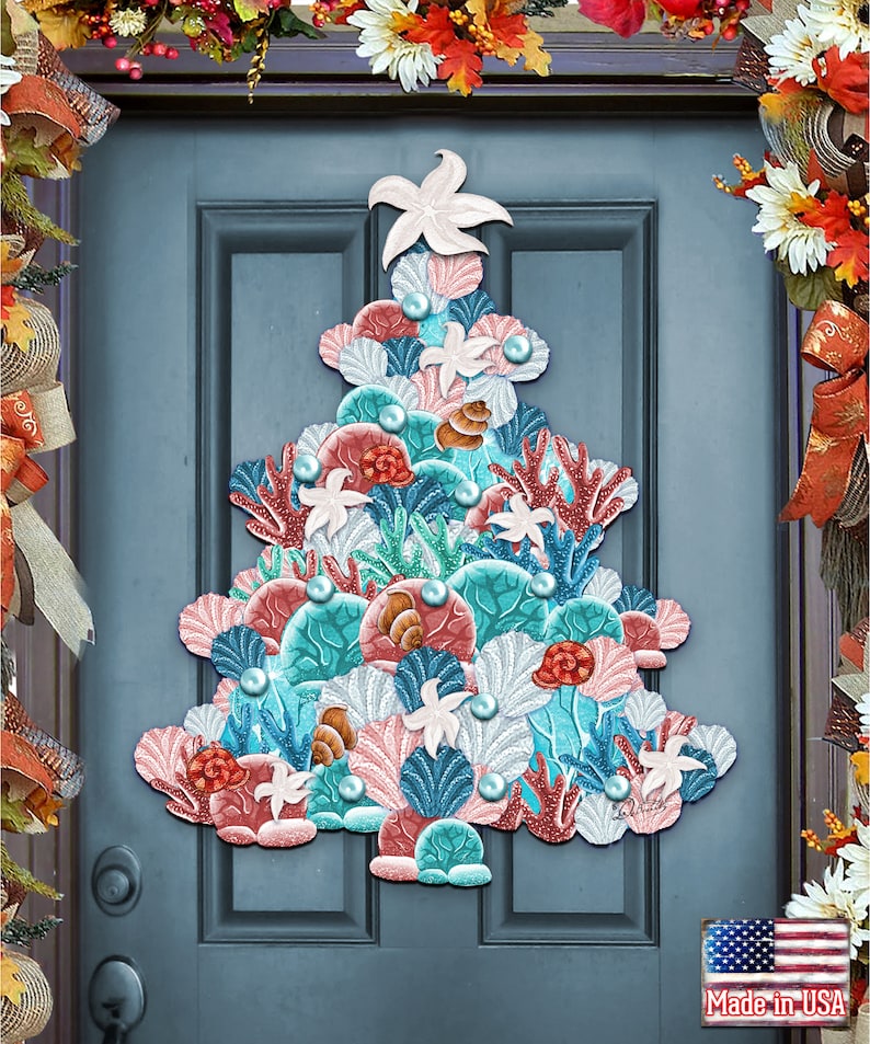 Coastal Christmas Tree Door Hanger Wooden Wall Hanging Beach Decor Home Garden Outdoor Indoor Yard Front Door Welcome Sign 8193149H
