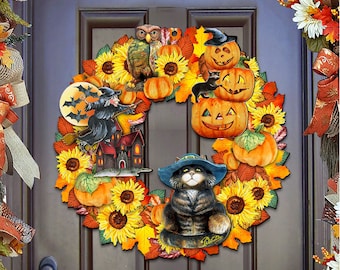 May include: A Halloween wreath featuring a black cat wearing a witch's hat, pumpkins, sunflowers, and an owl. The wreath is crafted from autumn leaves and has a rustic appearance.