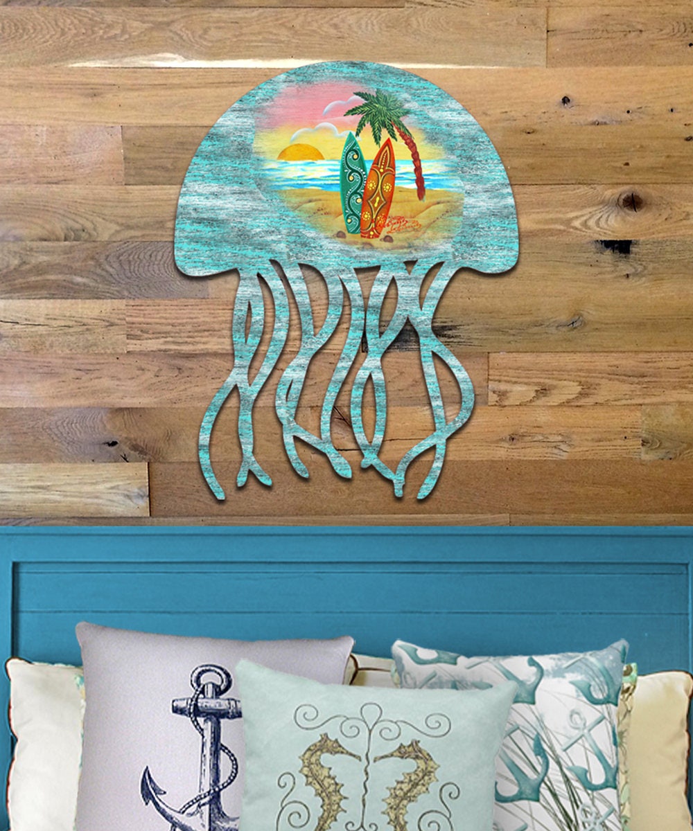 Jellyfish Rustic Door Hanger - Beach Cottage Wooden Decor for Home ...