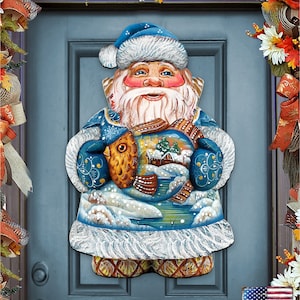 Santa with the Fish Door Hanger - Coastal Christmas Decoration - Wooden Home Garden Outdoor Indoor Wall Yard Front Door Sign Decor 8118201H