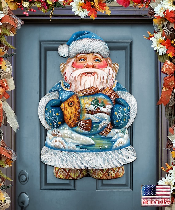 Santa with the Fish Door Hanger - Coastal Christmas Decoration - Wooden Home Garden Outdoor Indoor Wall Yard Front Door Sign Decor 8118201H