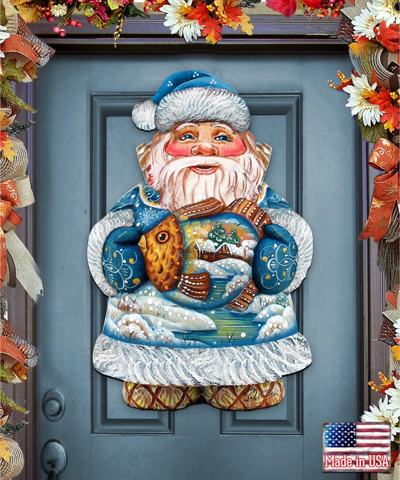 Santa with the Fish Door Hanger - Coastal Christmas Decoration - Wooden Home Garden Outdoor Indoor Wall Yard Front Door Sign Decor 8118201H