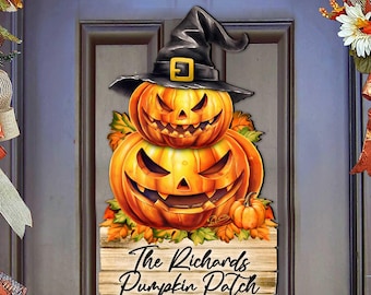 CUSTOM Pumpkin Patch Family Door Hanger Wall Art - Halloween Decor Handcrafted Wooden Indoor-Outdoor Decoration - 8652823HC Made in the USA