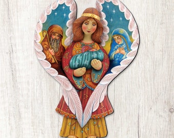 OUTDOOR NATIVITY ANGEL Wooden Decorative Hanging Wall Decor |  12" Large Nativity Ornament  | Nativity Scene Art 8154107M