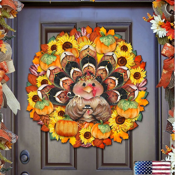 Thanksgiving Decor Turkey Wreath Wooden Door Hanger by Jamie Mills Price | Wall decor 8185305-3H-MP